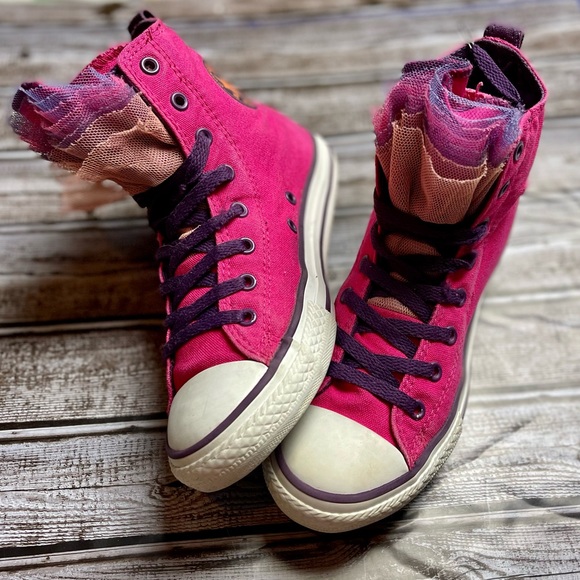 Converse Girls All Star Chuck Taylor Distressed Pink Party Hi Top Sneakers 4 - Picture 13 of 16